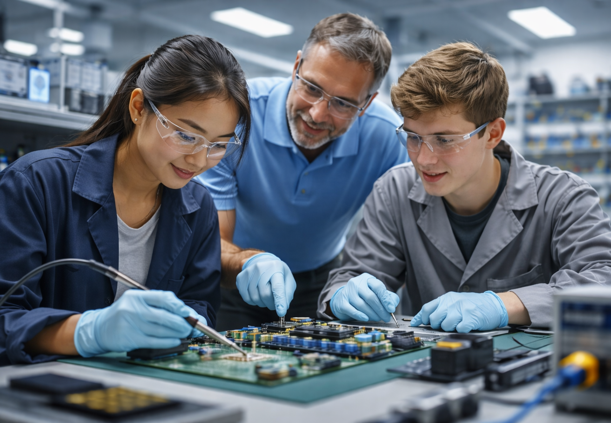 Image of two high school engineering interns working hands-on at an electronics lab bench, soldering and assembling a circuit board while a mentor stands between them offering guidance. All three wear safety glasses and gloves, surrounded by semiconductor equipment and tools in a professional manufacturing environment.